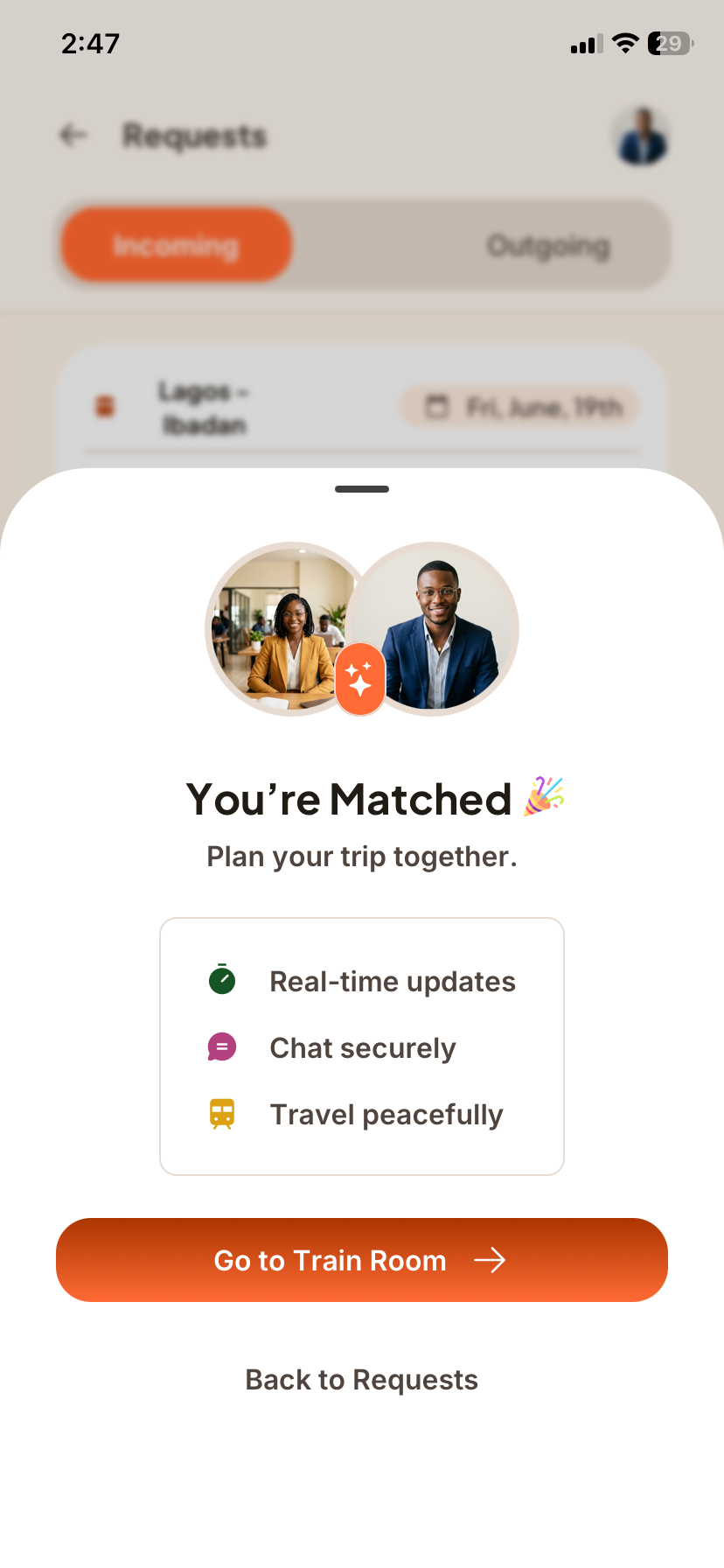 DOT app match screen