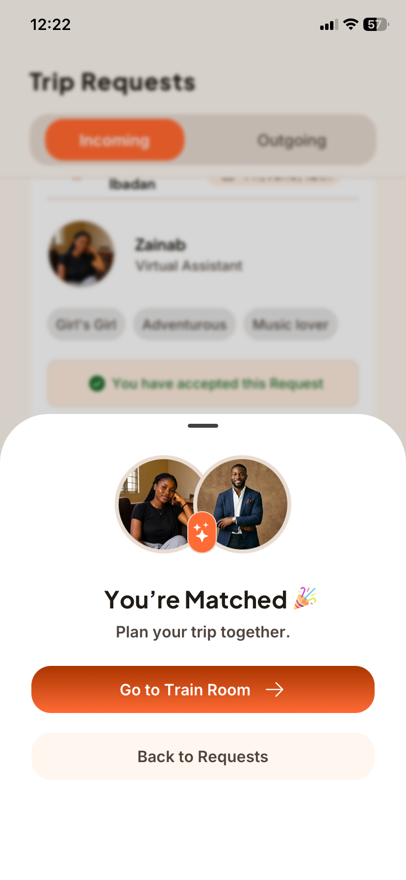 DOT app match screen